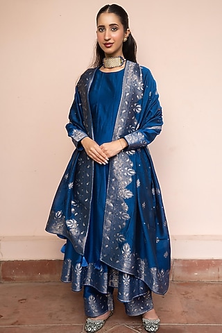 Royal Blue Vegan Silk Anarkali Set by Safaa