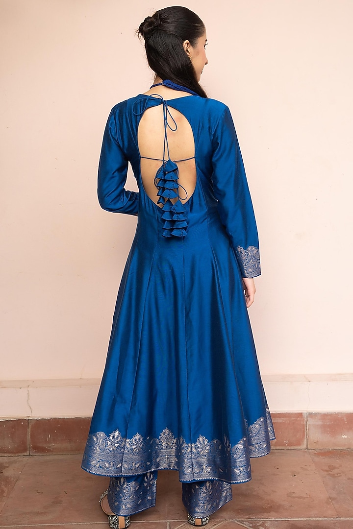 Royal Blue Vegan Silk Wedding Anarkali Set by Safaa at Pernia's Pop Up Shop