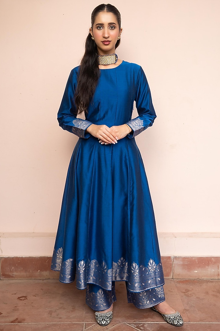 Royal Blue Vegan Silk Wedding Anarkali Set by Safaa at Pernia's Pop Up Shop
