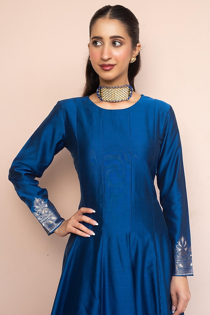 Royal Blue Vegan Silk Wedding Anarkali Set by Safaa at Pernia's Pop Up Shop
