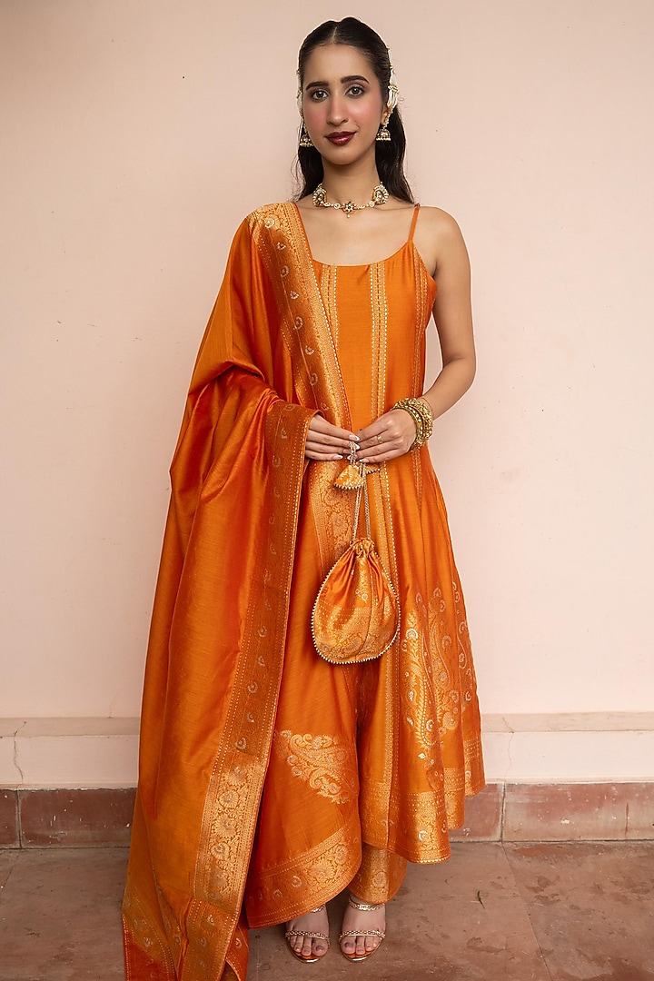 Mustard Vegan Silk Motif Wedding Anarkali Set by Safaa at Pernia's Pop Up Shop