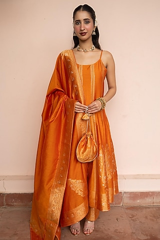 Mustard Vegan Silk Motif Anarkali Set by Safaa