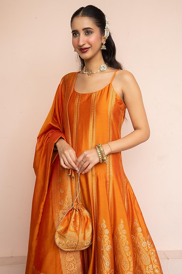 Mustard Vegan Silk Motif Wedding Anarkali Set by Safaa at Pernia's Pop Up Shop