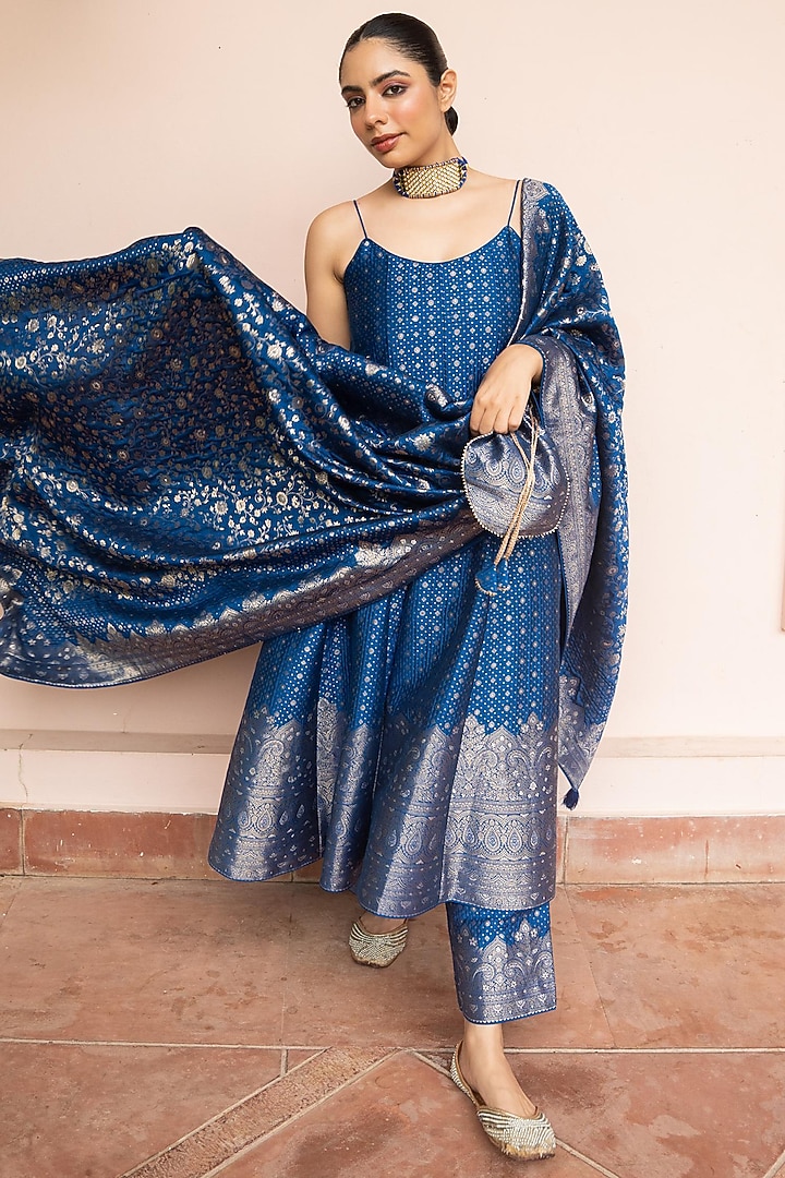 Royal Blue Vegan Silk Zari Gota Boota Work Wedding Anarkali Set by Safaa at Pernia's Pop Up Shop