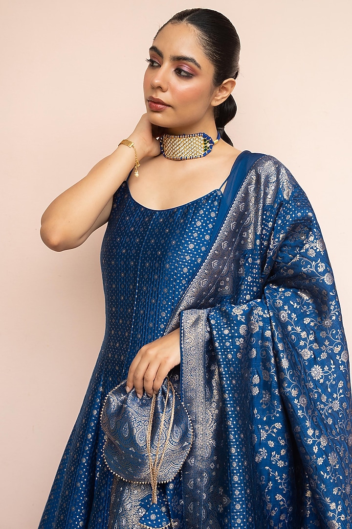 Royal Blue Vegan Silk Zari Gota Boota Work Wedding Anarkali Set by Safaa at Pernia's Pop Up Shop
