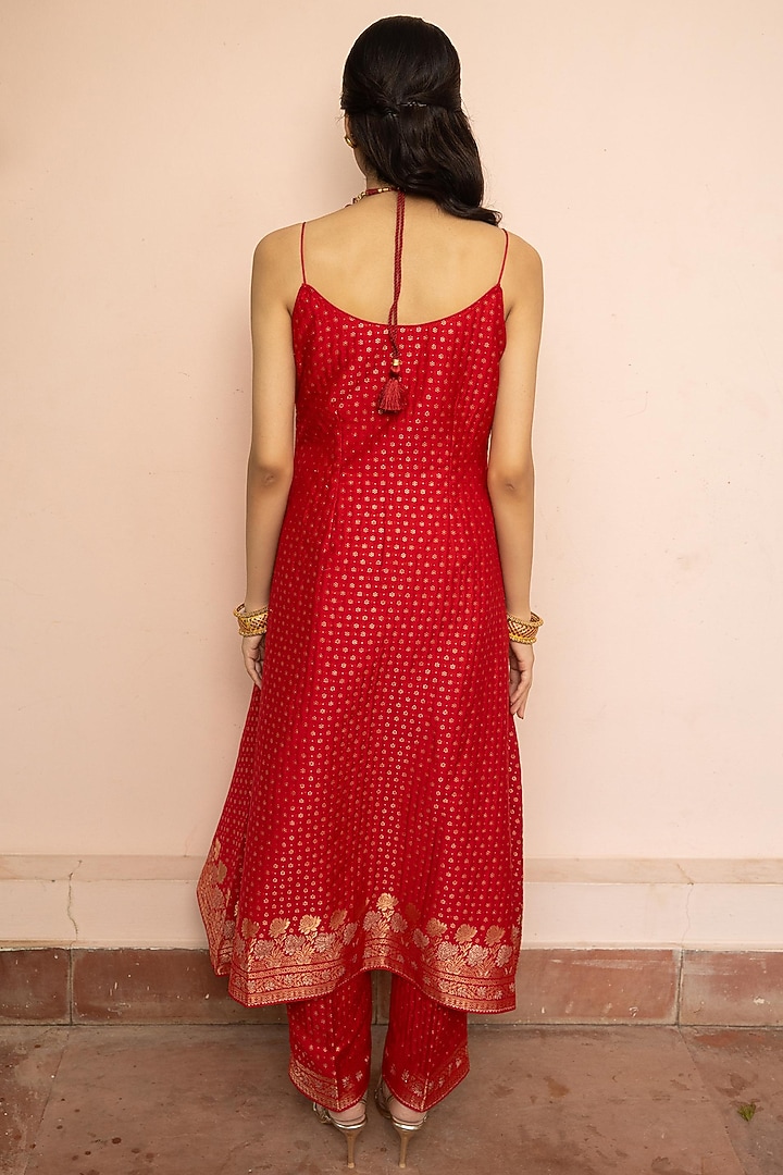 Red Vegan Silk Motif A-Line Kurta Set by Safaa at Pernia's Pop Up Shop