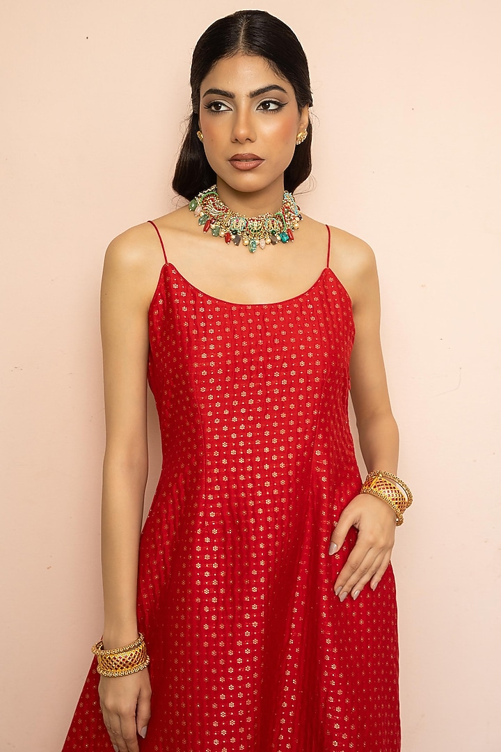 Red Vegan Silk Motif A-Line Kurta Set by Safaa at Pernia's Pop Up Shop