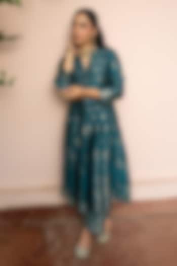 Teal Vegan Silk Motif Wedding Anarkali Set by Safaa at Pernia's Pop Up Shop