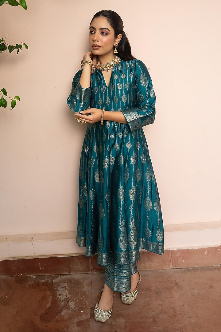 Teal Vegan Silk Motif Wedding Anarkali Set by Safaa at Pernia's Pop Up Shop