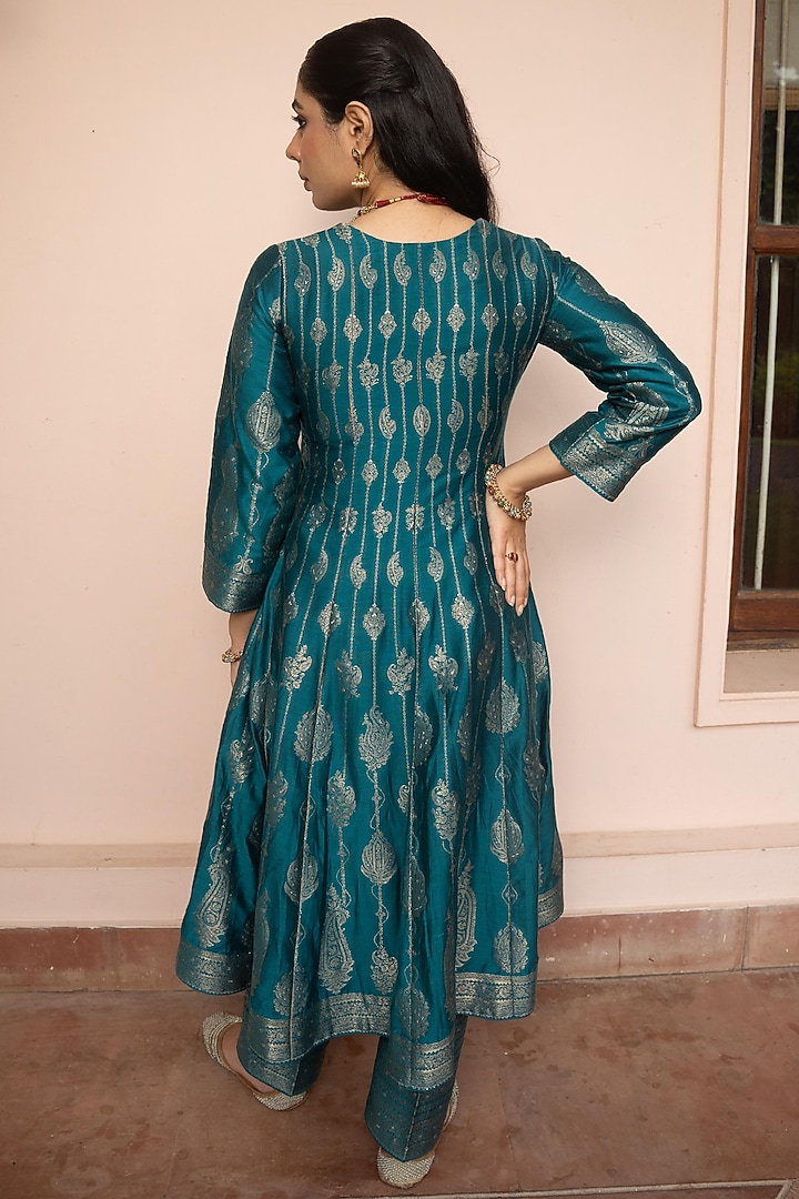 Teal Vegan Silk Motif Wedding Anarkali Set by Safaa at Pernia's Pop Up Shop