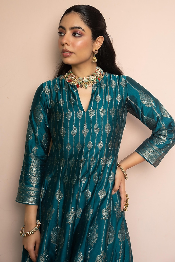 Teal Vegan Silk Motif Wedding Anarkali Set by Safaa at Pernia's Pop Up Shop