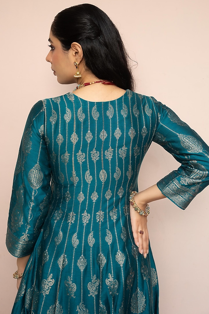 Teal Vegan Silk Motif Wedding Anarkali Set by Safaa at Pernia's Pop Up Shop