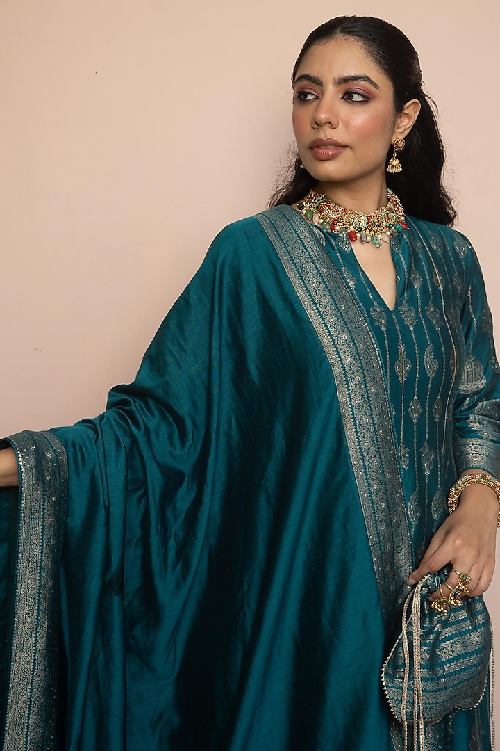 Teal Vegan Silk Motif Wedding Anarkali Set by Safaa at Pernia's Pop Up Shop