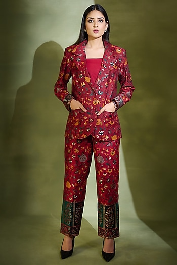 Mahogany Red Silk Self-Woven Blazer Set by Safaa at Pernia's Pop Up Shop