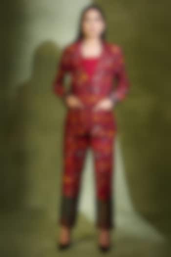 Mahogany Red Silk Self-Woven Blazer Set by Safaa