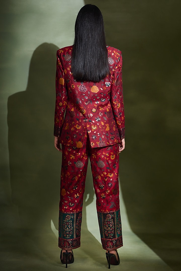 Mahogany Red Silk Self-Woven Blazer Set by Safaa at Pernia's Pop Up Shop