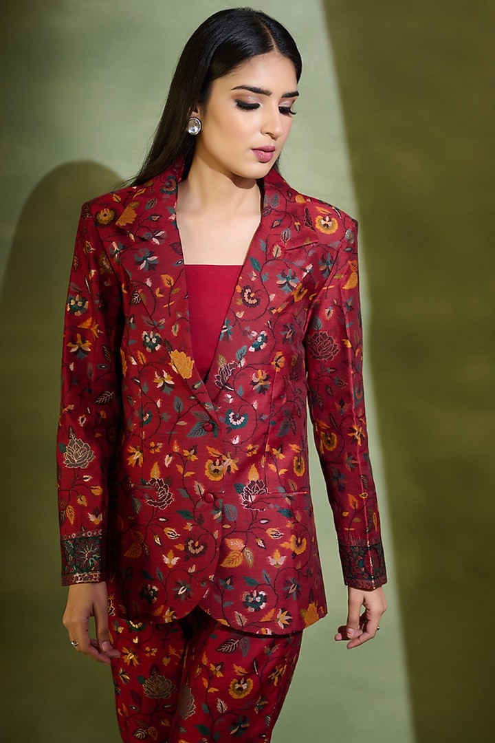 Mahogany Red Silk Self-Woven Blazer Set by Safaa at Pernia's Pop Up Shop