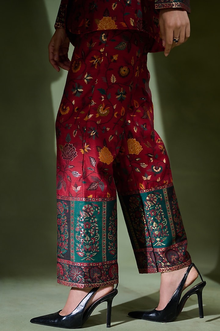 Mahogany Red Silk Self-Woven Blazer Set by Safaa at Pernia's Pop Up Shop