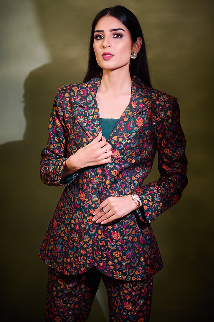 Bottle Green Silk Self-Woven Blazer Set by Safaa at Pernia's Pop Up Shop