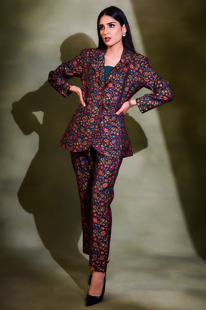 Bottle Green Silk Self-Woven Blazer Set by Safaa at Pernia's Pop Up Shop