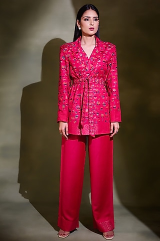 Hot Pink Viscose Self-Woven Blazer by Safaa