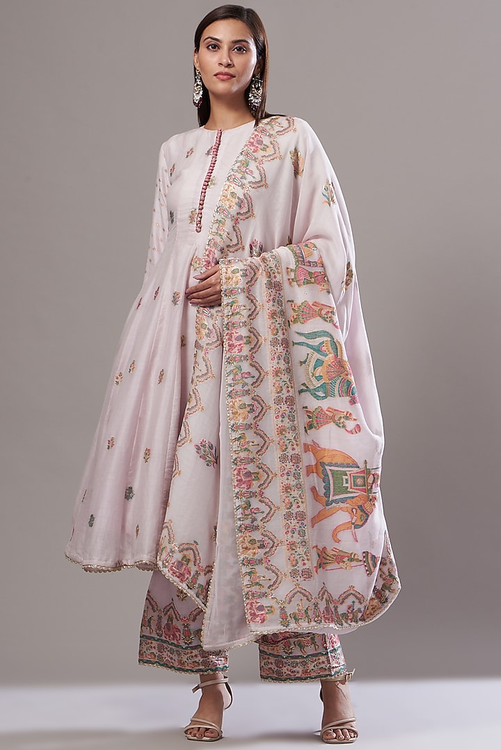 Blush Pink Vegan Silk Printed Anarkali Set by Safaa