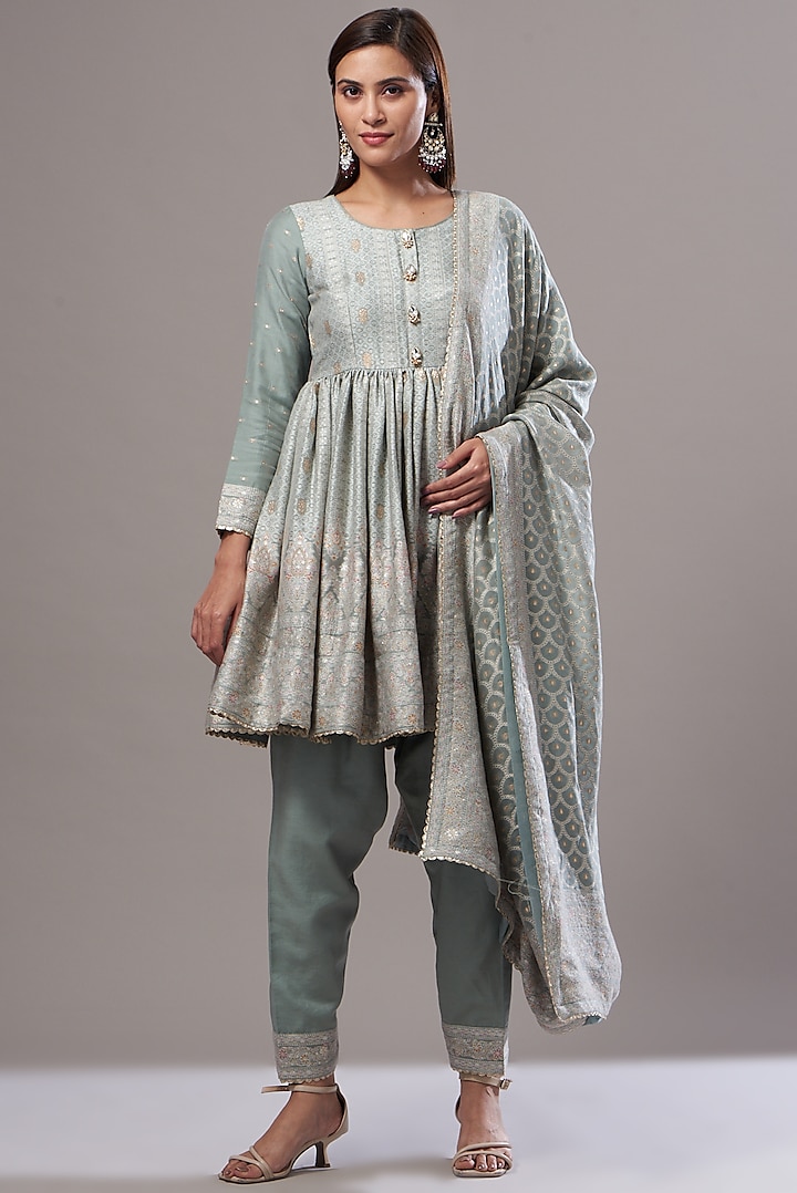 Olive Green Embroidered Anarkali Set by Safaa at Pernia's Pop Up Shop