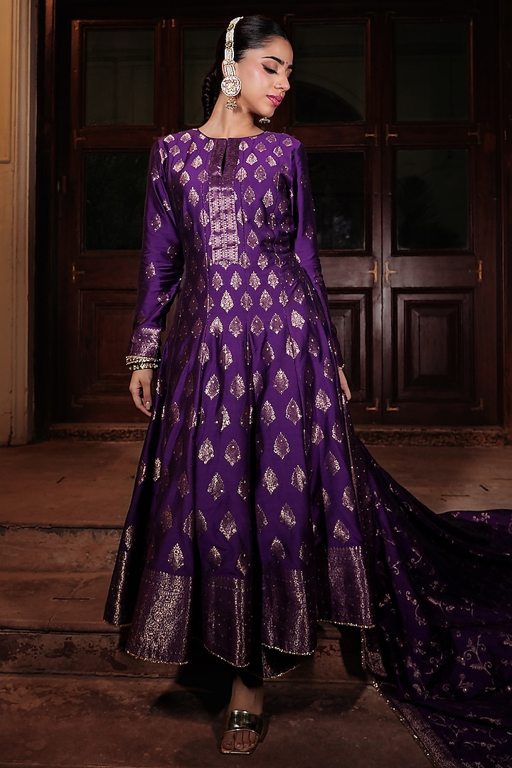 Purple Vegan Silk Anarkali Set by Safaa at Pernia's Pop Up Shop