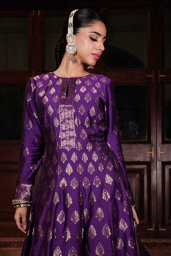 Purple Vegan Silk Wedding Anarkali Set by Safaa at Pernia's Pop Up Shop
