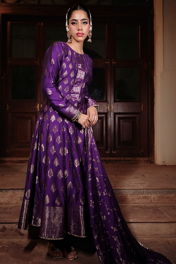 Purple Vegan Silk Wedding Anarkali Set by Safaa at Pernia's Pop Up Shop