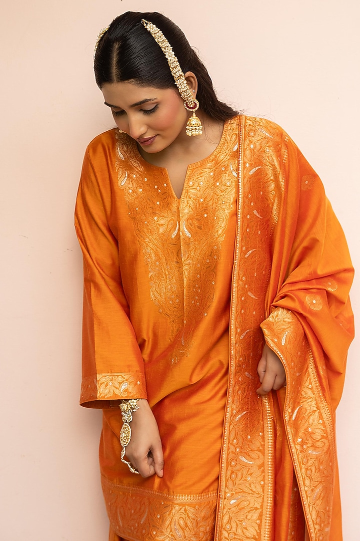 Mustard Vegan Silk Kurta Set by Safaa at Pernia's Pop Up Shop