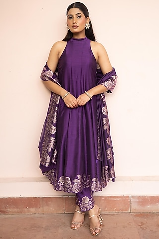 Purple Vegan Silk Anarkali Set by Safaa