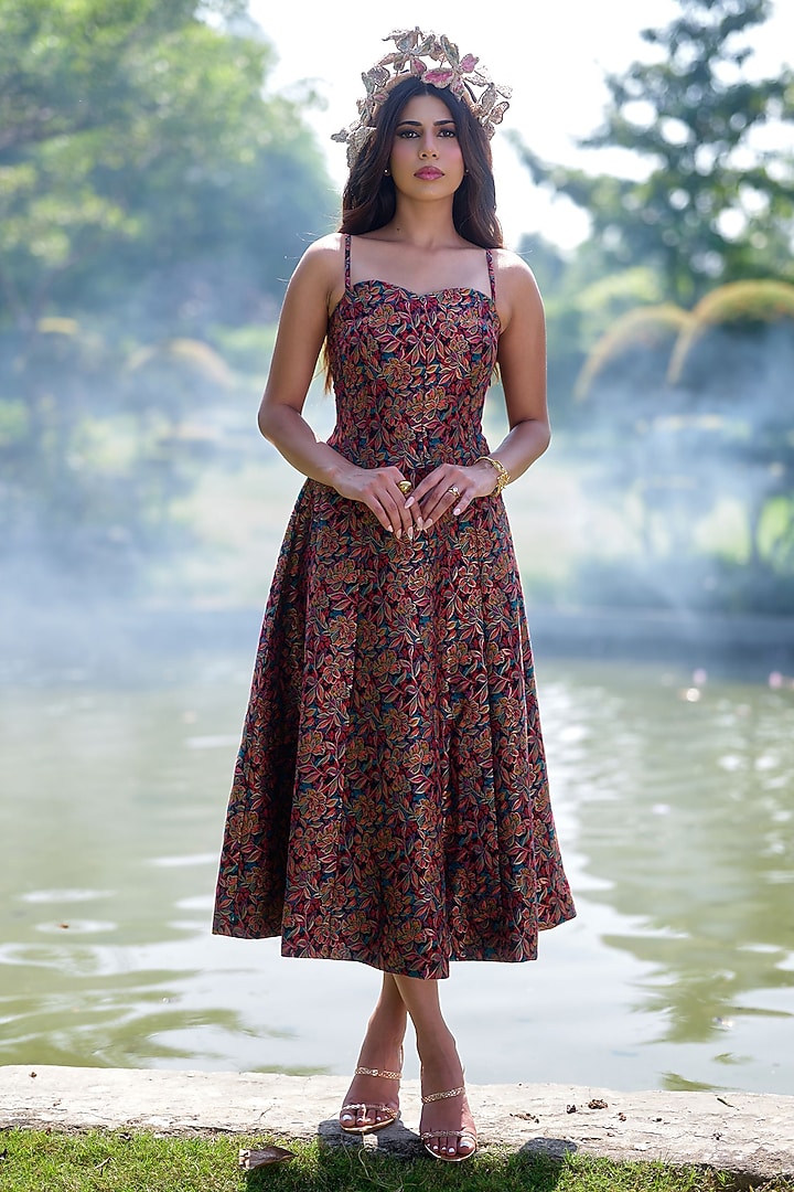 Multi-Colored Pure Moonga Silk Floral Vacation Dress by Safaa at Pernia's Pop Up Shop