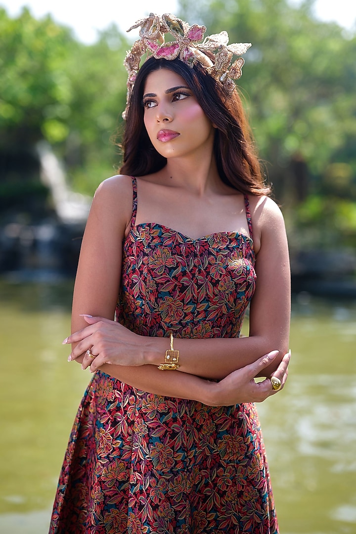 Multi-Colored Pure Moonga Silk Floral Vacation Dress by Safaa at Pernia's Pop Up Shop