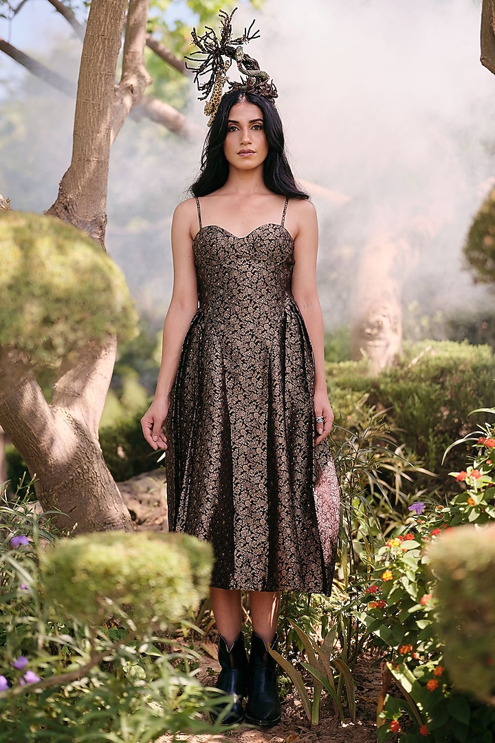 Black Pure Moonga Silk Floral Vacation Dress by Safaa at Pernia's Pop Up Shop