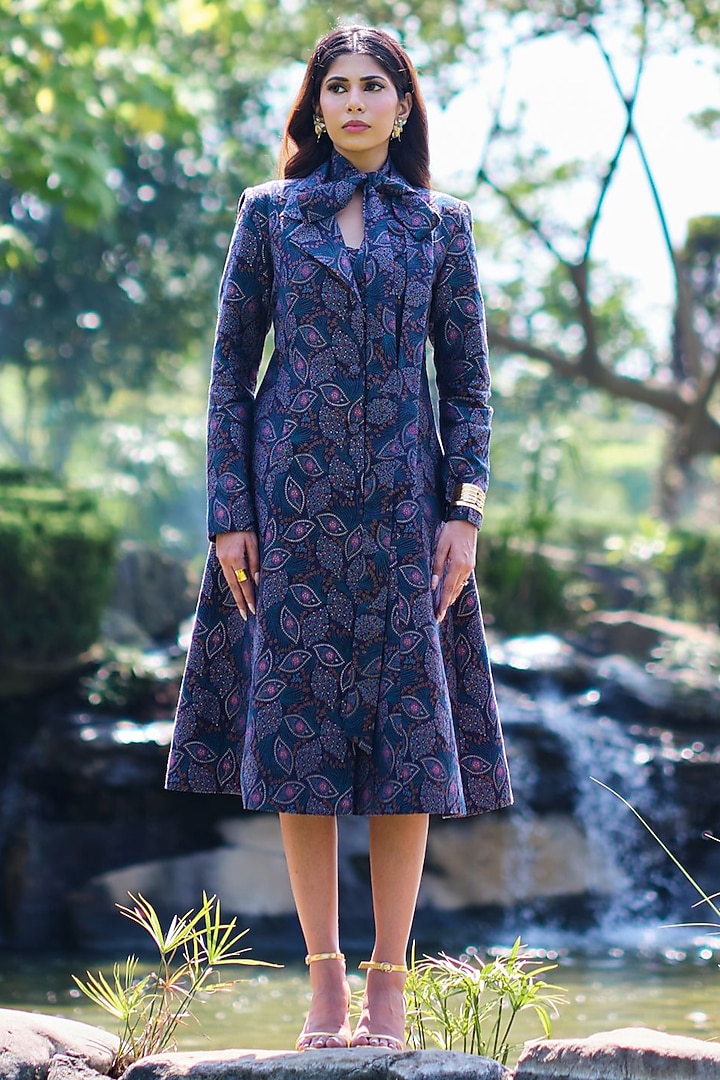 Midnight Blue Pure Moonga Silk Paisley Jacket Cocktail Dress by Safaa at Pernia's Pop Up Shop