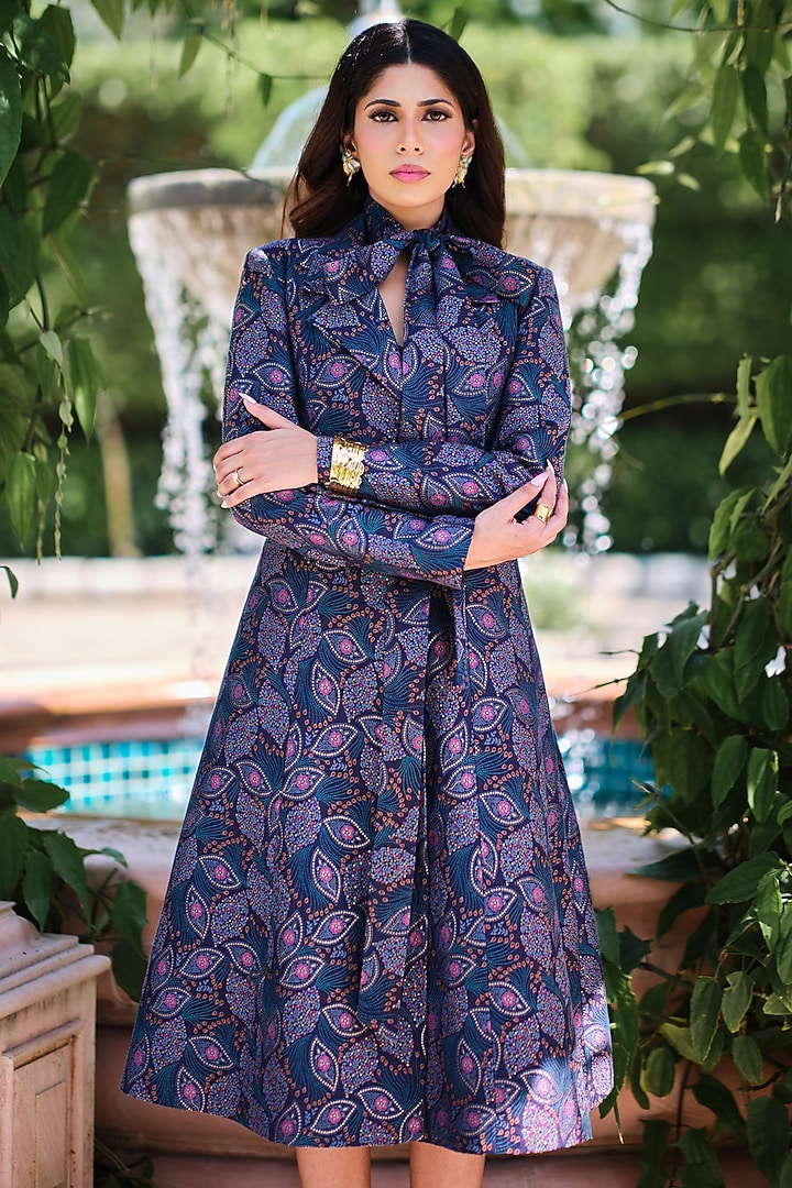 Midnight Blue Pure Moonga Silk Paisley Jacket Cocktail Dress by Safaa at Pernia's Pop Up Shop