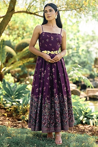 Violet Pure Moonga Silk Floral Dress by Safaa