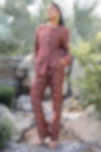 Burgundy Pure Moonga Silk Jacket Set by Safaa at Pernia's Pop Up Shop