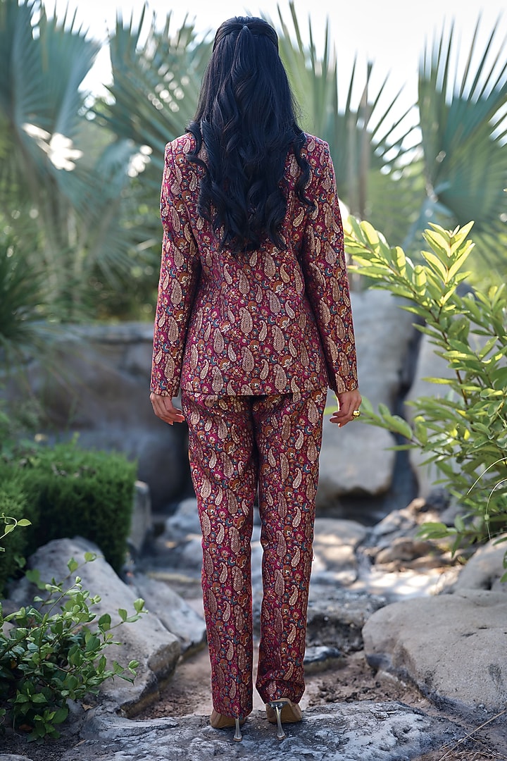 Burgundy Pure Moonga Silk Jacket Set by Safaa at Pernia's Pop Up Shop