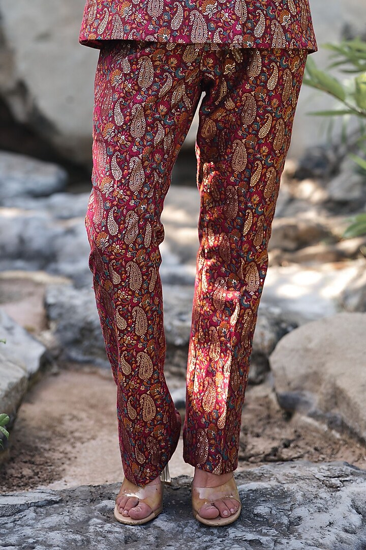 Burgundy Pure Moonga Silk Jacket Set by Safaa at Pernia's Pop Up Shop