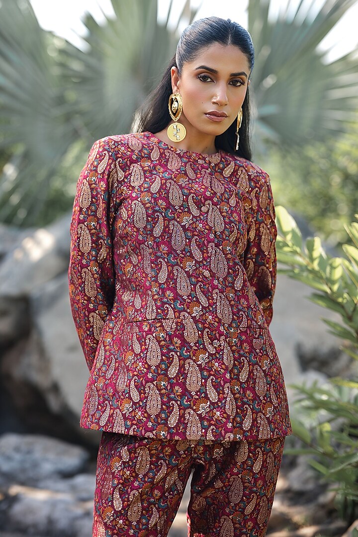 Burgundy Pure Moonga Silk Jacket Set by Safaa at Pernia's Pop Up Shop