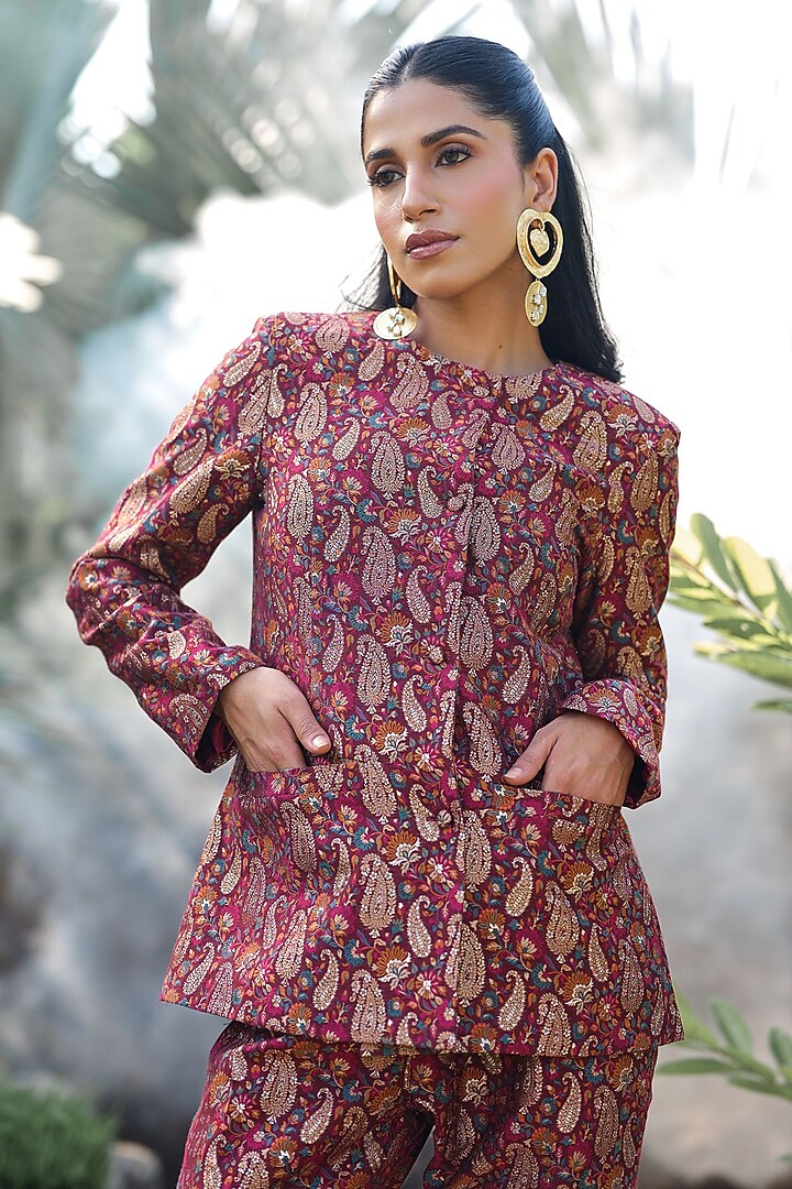 Burgundy Pure Moonga Silk Jacket Set by Safaa at Pernia's Pop Up Shop