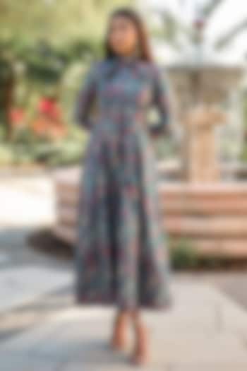 Turquoise Pure Moonga Silk Floral Vacation Dress by Safaa at Pernia's Pop Up Shop