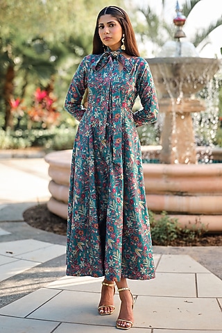 Turquoise Pure Moonga Silk Floral Dress by Safaa