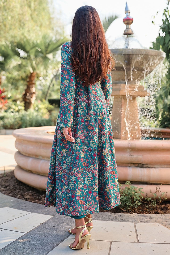 Turquoise Pure Moonga Silk Floral Vacation Dress by Safaa at Pernia's Pop Up Shop