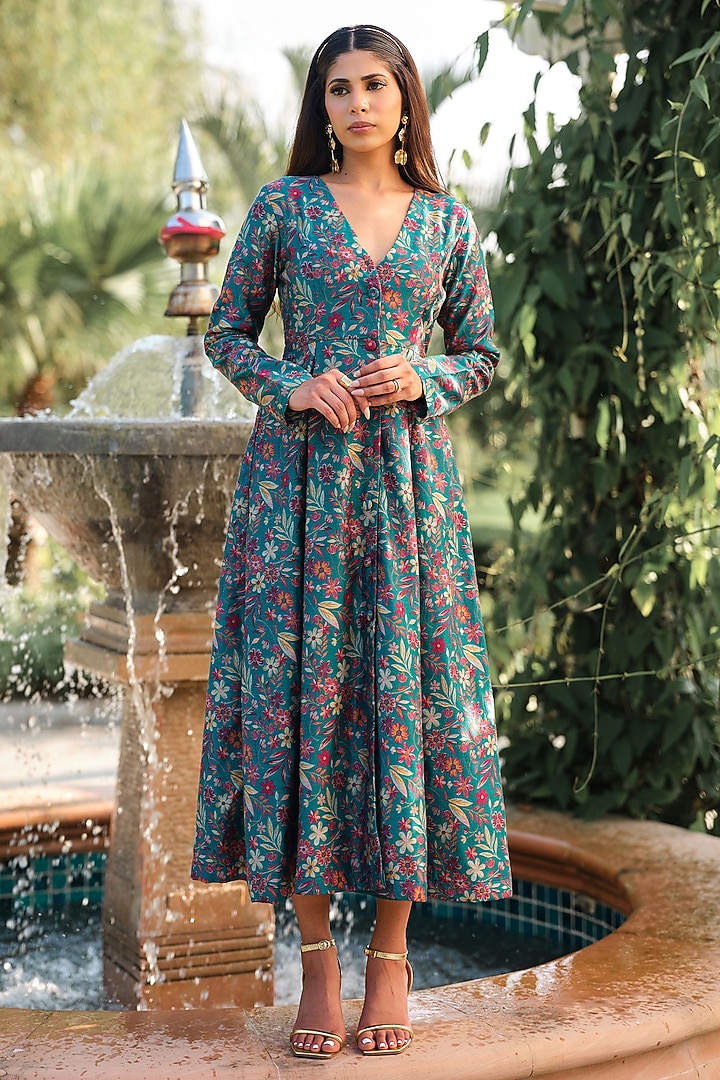 Turquoise Pure Moonga Silk Floral Vacation Dress by Safaa at Pernia's Pop Up Shop