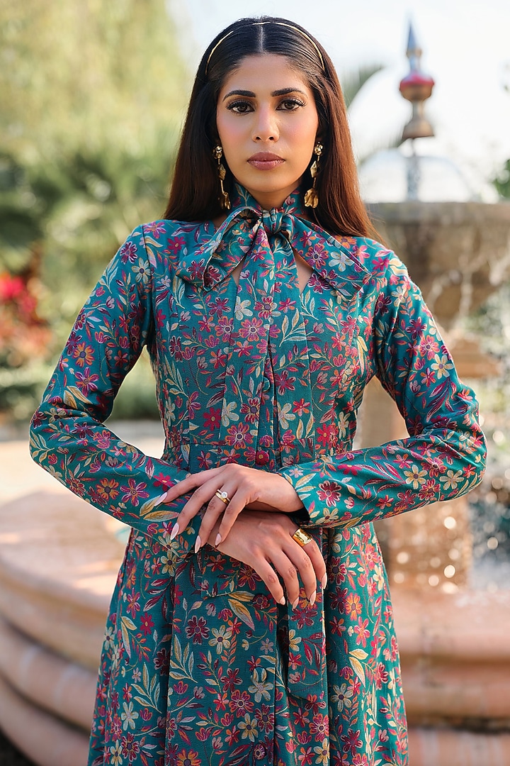 Turquoise Pure Moonga Silk Floral Vacation Dress by Safaa at Pernia's Pop Up Shop