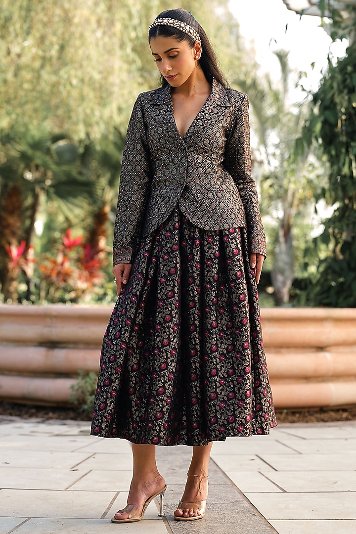 Black Pure Moonga Silk Floral Weave Skirt Set by Safaa at Pernia's Pop Up Shop