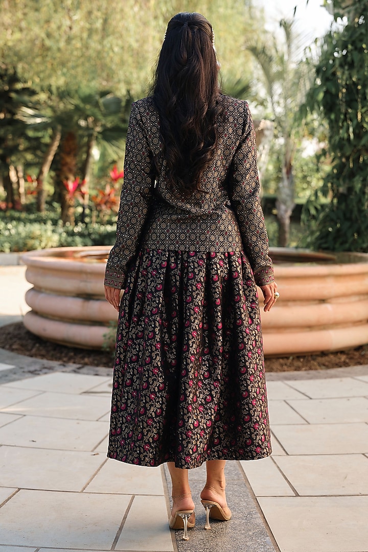 Black Pure Moonga Silk Floral Weave Skirt Set by Safaa at Pernia's Pop Up Shop